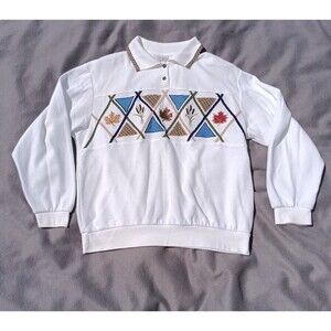 Koret City Blues Medium White Textured Autumn Leaves Collared Sweatshirt Grandma